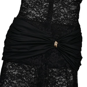 Detail of black lace bodysuit featuring a pleated waist belt and golden ring buckle