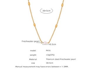 Detail view of 18k gold titanium steel necklace with size specs and freshwater pearl