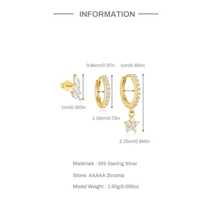 Detailed chart of gold 925 silver hoop earrings with AAAAA zircon and product dimensions
