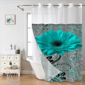 Detail of waffle weave shower curtain featuring large teal daisies and art splatter print