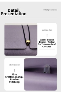 Detail of purple leather sunglass pouch showing elastic closure and fine stitching