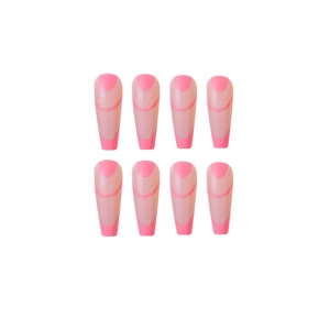 Long coffin-shaped press-on nails with pink French gradient and curved line accents