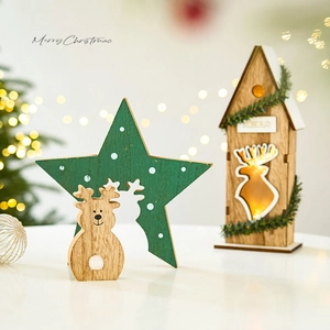 Festive wooden Christmas tabletop set with reindeer star and glowing house decor