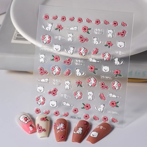 5D Embossed Nail Art Stickers Kawaii Cartoon Cat Floral Flower Waterproof Self Adhesive Manicure Decoration Women
