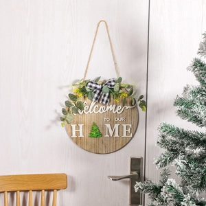 Wooden round Welcome To Our Home door sign with interchangeable holiday patterns
