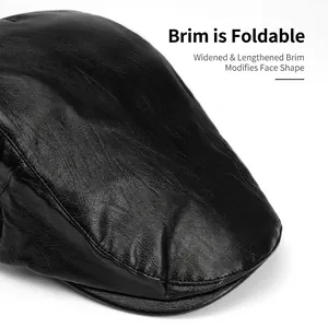 Classic black PU leather ivy cap for men and women featuring a wide curved brim