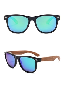 Detail view of oval polarized sunglasses with black frames and real wood temples