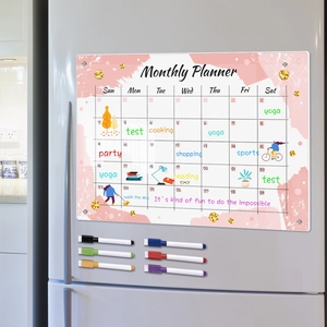 Detailed view of pink marble magnetic monthly planner on fridge with six color markers