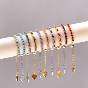 Adjustable colorful zircon bracelets with heart pendants in gold and silver plating