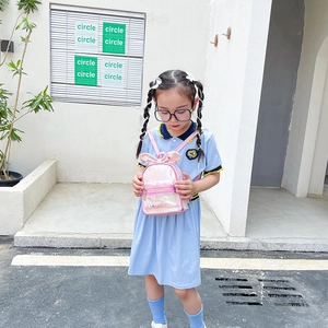 Pink sequin kids backpack with bunny ears and transparent pocket for little girls