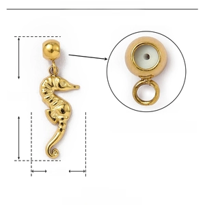Détail du pendentif hippocampe doré de 21mm en acier inoxydable avec dimensions et bouchon
