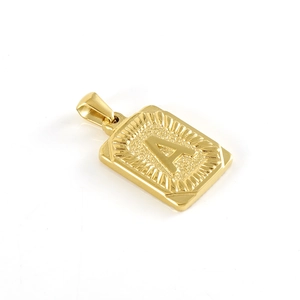 18K gold-plated stainless steel rectangular pendant featuring letter A with radiant texture