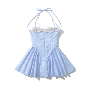 Detail of blue striped halter neck mini dress with lace-up tie and back zipper