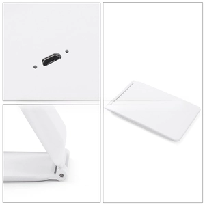 Detail view of the Micro-USB charging port and hinge on a white portable LED makeup mirror
