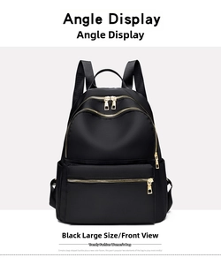 Front view detail of high-density black oxford nylon backpack with golden metal zippers