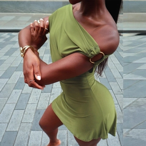 Slim fit olive green off-shoulder mini dress with metallic ring and side ruched detail