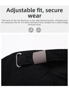 Detail of adjustable metal buckle and textured knit fabric on men's winter warm baseball cap