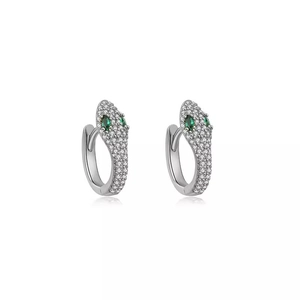 S925 sterling silver snake hoop earrings with green zircon eyes and white stones