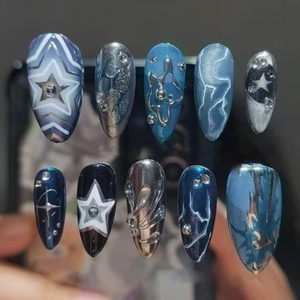 Cyberpunk 3D Metallic Line Cat Eye Press On Nails Long Almond Starry Sky Fake Nails For Women Daily Party Nail Art Kit With Glue