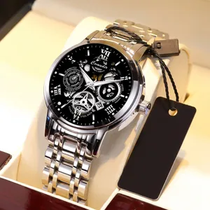 Comudir luxury mechanical watch with black skeleton dial and silver stainless steel strap