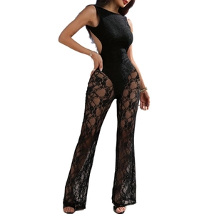 Sultry backless black lace patchwork jumpsuit for women with sleek绑带 strapping details