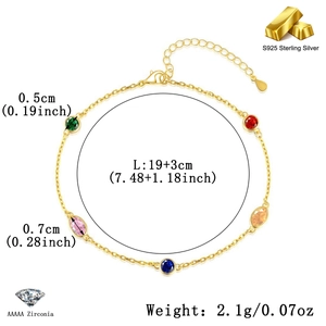Detail view of S925 silver bracelet featuring colorful AAAAA zirconia stones and sizing info