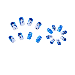 Blue and white Christmas press-on nails set with cute snowman and snowflake designs