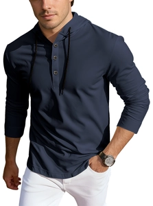 Detail of navy blue men's henley hoodie showing three-button neckline and soft knit texture