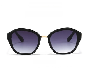 Detailed front view of black oversized geometric sunglasses with purple gradient lenses