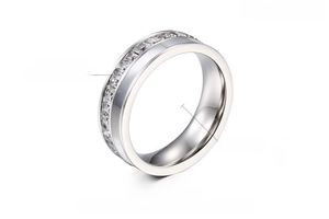 Detail shot of 6mm wide stainless steel ring with square zirconia inlays and 18k plating