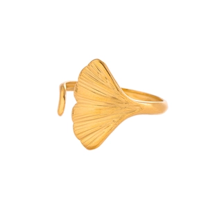 Minimalist golden ginkgo leaf open ring in stainless steel on a clean white background