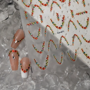 French style curved colorful rhinestone nail stickers with crescent designs on long nails