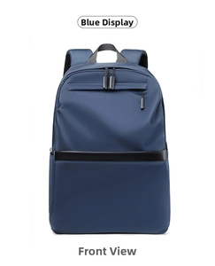 Front view of a navy blue waterproof nylon backpack with minimalist hidden zipper details