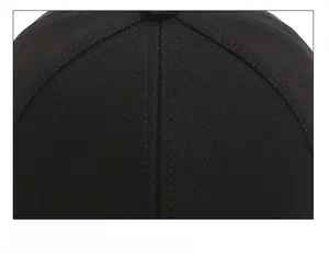Detail of meticulous stitching on the crown of a black outdoor cotton baseball cap