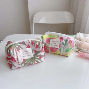 Mini Jacquard Canvas Cosmetic Bag Floral Palm Leaf Print Zippered Makeup Organizer For Women Travel Portable