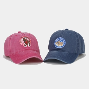 Pink and navy washed cotton baseball caps with cute embroidered bear patches for women