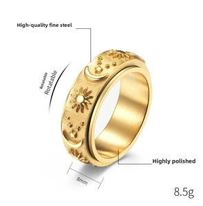 Detail of 8mm rotatable gold steel ring showing sun moon star engravings and 8.5g weight