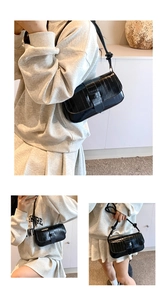 Detailed views of black croc-effect underarm bag shown in shoulder and handheld styles