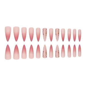 Long stiletto press-on nails with pink gradient and gold foil spots in matte finish