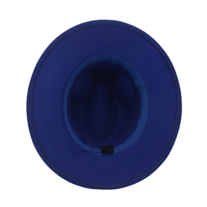 Vertical top view of blue wool felt cowboy hat interior showing the black sweatband detail