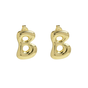 Macro shot of 18k gold plated puffy letter B stud earrings with a high-polished finish