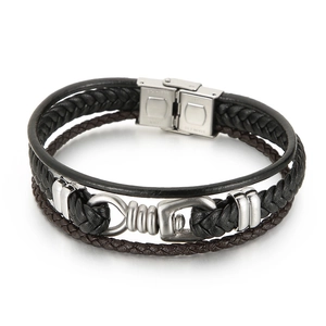Three-layer braided leather bracelet for men with stainless steel magnetic clasp