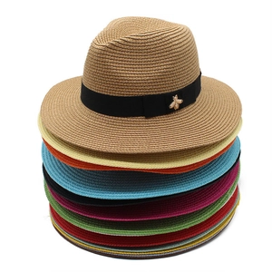 Fedora Straw Hat Wide Brim Sun Protection Summer Beach Panama Style With Golden Bee Metal Decor For Men Women