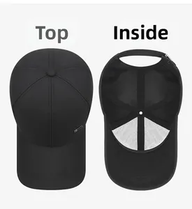 Detail view of black baseball cap showing classic 6-panel structure and breathable mesh lining