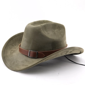 Klassischer armeegrüner Western-Cowboyhut aus Wollfilz mit braunem Lederband und Kordel