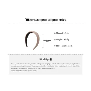 Detail view of khaki striped cloth headband with size specs 16cm by 15cm and 40.9g weight