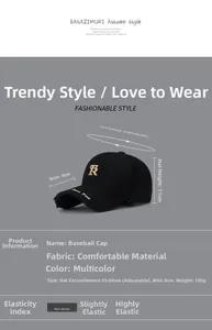 Detail of black baseball cap with golden R embroidery and adjustable strap size info