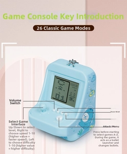 Mini light blue classic handheld game console keychain with 26 game modes and LED display