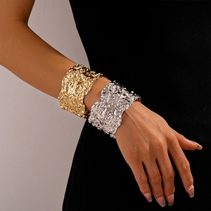 Minimalist wrinkled metal wide cuff bracelet with irregular geometric gold and silver finish