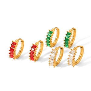 Three pairs of gold-plated hoop earrings with red, green, and clear rectangle zirconia